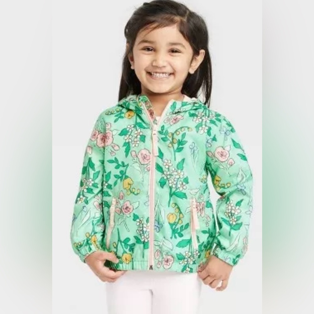 CAT & JACK floral zip up hooded windbreaker with 2 zipper pockets NEW size 2T